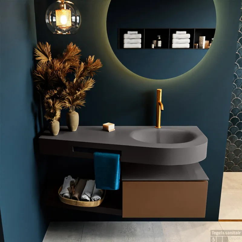 MONDIAZ RIVA 120cm badmeubel onderkast / planchet kleur Rust met 1 lade. Wastafel DULCET rechts 1 kraangat kleur Dark_Grey. Nieuw