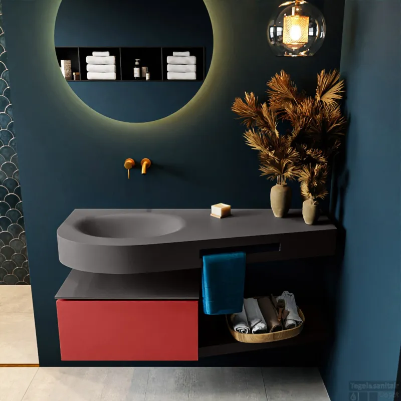 Beperkte Voorraad MONDIAZ RIVA 120cm badmeubel onderkast / planchet kleur Fire met 1 lade. Wastafel DULCET links 0 kraangaten kleur Dark_Grey.