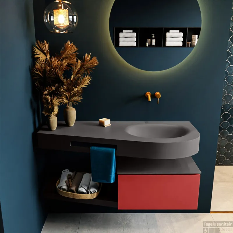 MONDIAZ RIVA 120cm badmeubel onderkast / planchet kleur Fire met 1 lade. Wastafel DULCET rechts 0 kraangaten kleur Dark_Grey. Laatste Kans