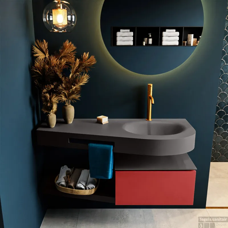 MONDIAZ RIVA 120cm badmeubel onderkast / planchet kleur Fire met 1 lade. Wastafel DULCET rechts 1 kraangat kleur Dark_Grey. Op = Op