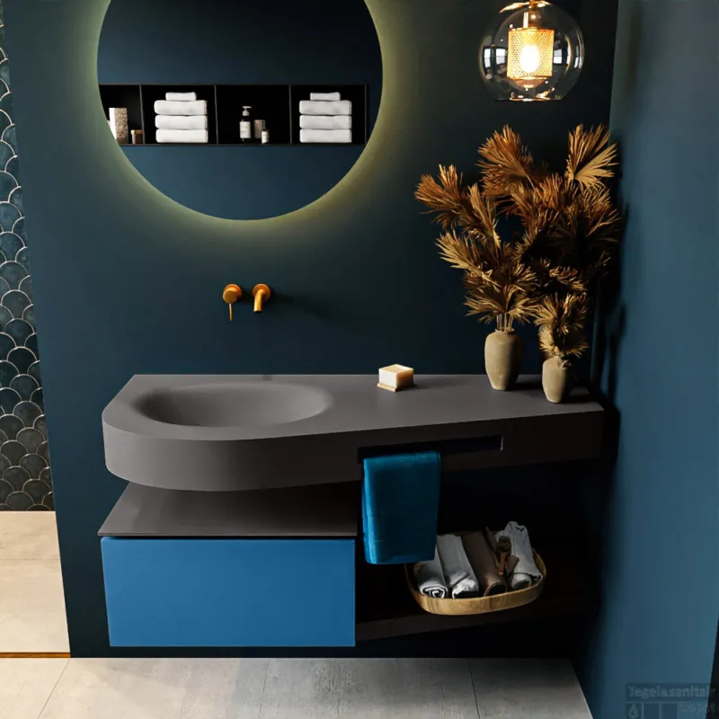 Gratis Retour MONDIAZ RIVA 120cm badmeubel onderkast / planchet kleur Jeans met 1 lade. Wastafel DULCET links 0 kraangaten kleur Dark_Grey.