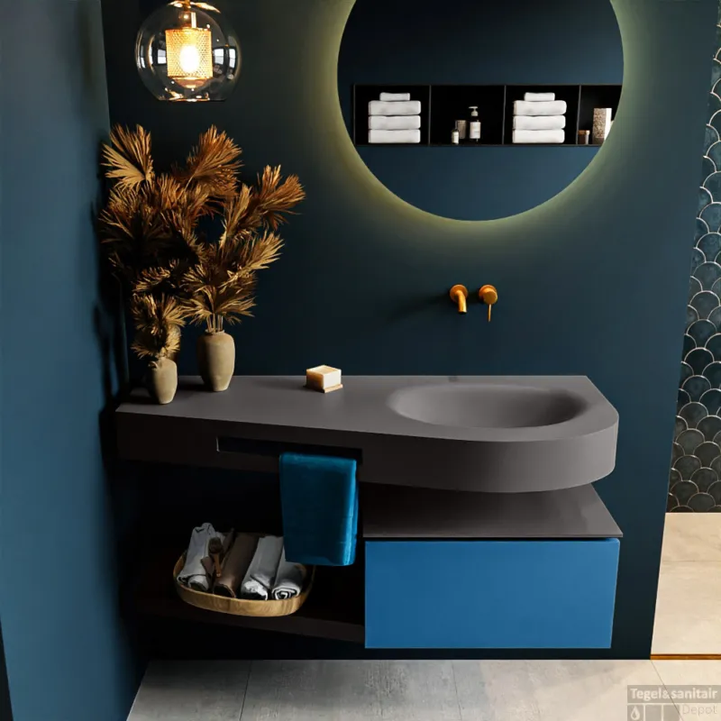 MONDIAZ RIVA 120cm badmeubel onderkast / planchet kleur Jeans met 1 lade. Wastafel DULCET rechts 0 kraangaten kleur Dark_Grey. Lage Kosten