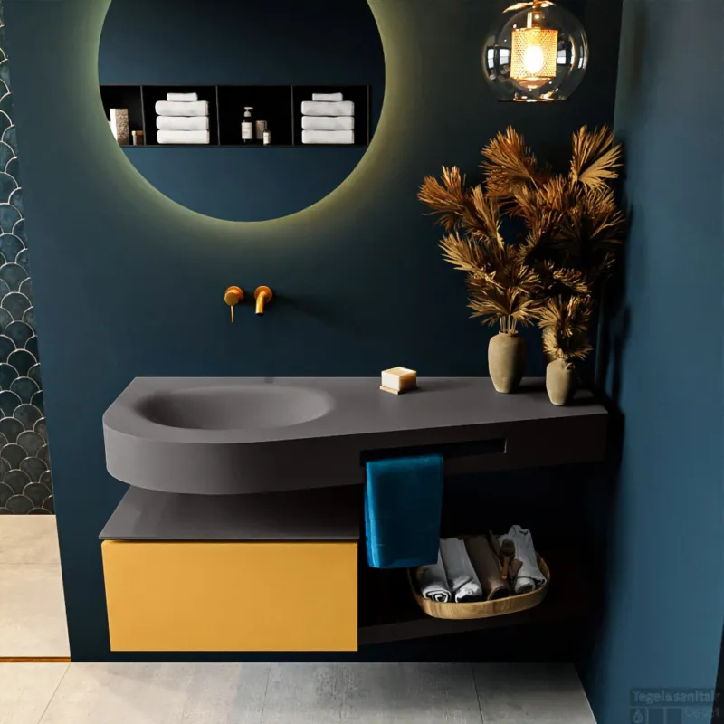 MONDIAZ RIVA 120cm badmeubel onderkast / planchet kleur Ocher met 1 lade. Wastafel DULCET links 0 kraangaten kleur Dark_Grey. Bestel Nu