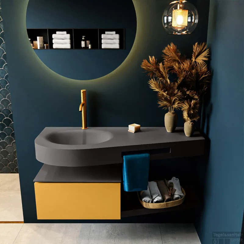 MONDIAZ RIVA 120cm badmeubel onderkast / planchet kleur Ocher met 1 lade. Wastafel DULCET links 1 kraangat kleur Dark_Grey. Finale Uitverkoop