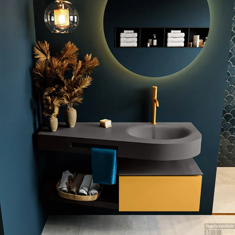 Nu Kopen MONDIAZ RIVA 120cm badmeubel onderkast / planchet kleur Ocher met 1 lade. Wastafel DULCET rechts 1 kraangat kleur Dark_Grey.