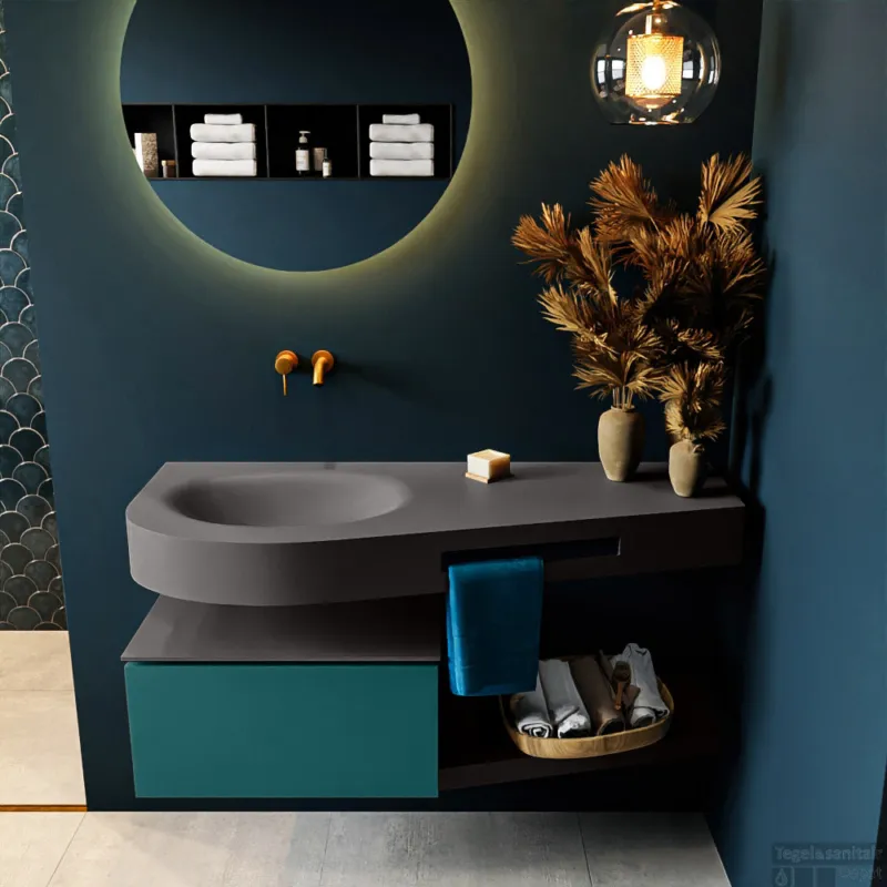 Nieuw MONDIAZ RIVA 120cm badmeubel onderkast / planchet kleur Smag met 1 lade. Wastafel DULCET links 0 kraangaten kleur Dark_Grey.
