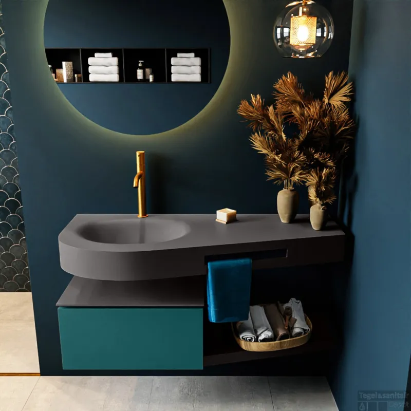 Korting MONDIAZ RIVA 120cm badmeubel onderkast / planchet kleur Smag met 1 lade. Wastafel DULCET links 1 kraangat kleur Dark_Grey.