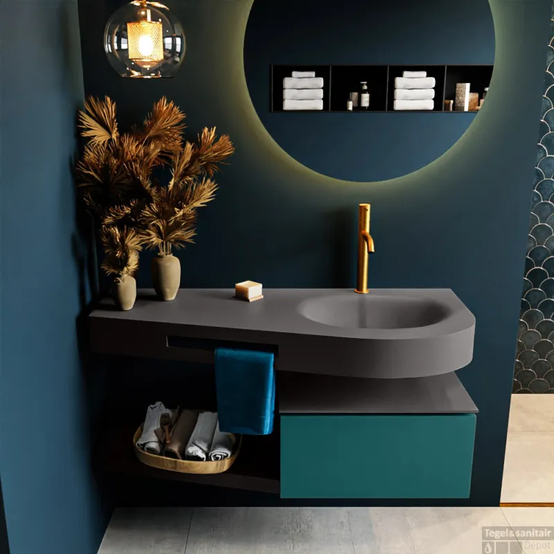 MONDIAZ RIVA 120cm badmeubel onderkast / planchet kleur Smag met 1 lade. Wastafel DULCET rechts 1 kraangat kleur Dark_Grey. Snelle Levering