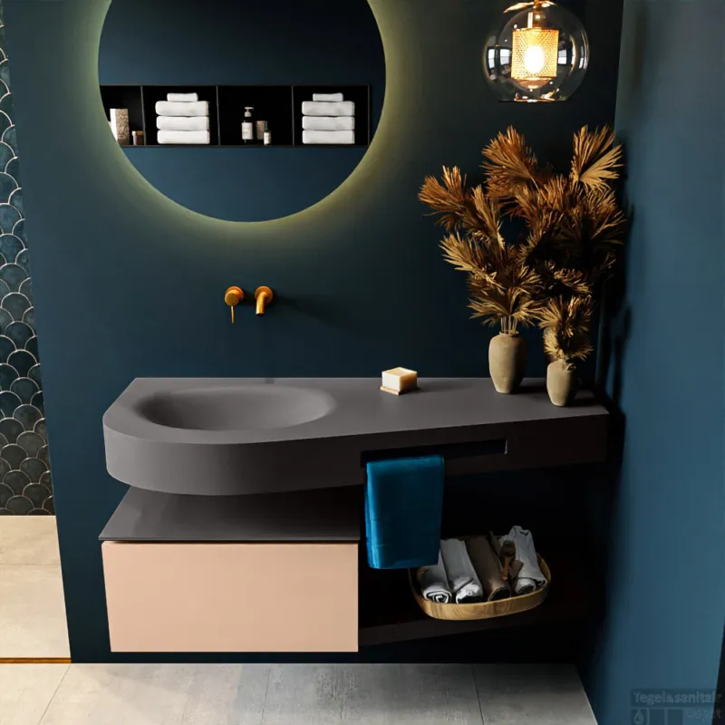 Seizoensaanbieding MONDIAZ RIVA 120cm badmeubel onderkast / planchet kleur Rosee met 1 lade. Wastafel DULCET links 0 kraangaten kleur Dark_Grey.