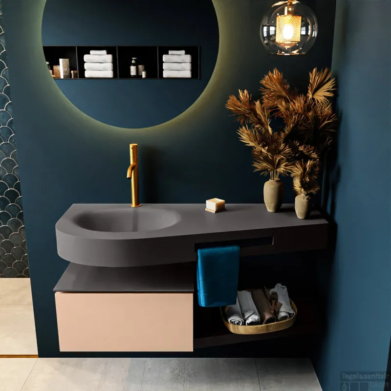 Bestel Nu MONDIAZ RIVA 120cm badmeubel onderkast / planchet kleur Rosee met 1 lade. Wastafel DULCET links 1 kraangat kleur Dark_Grey.