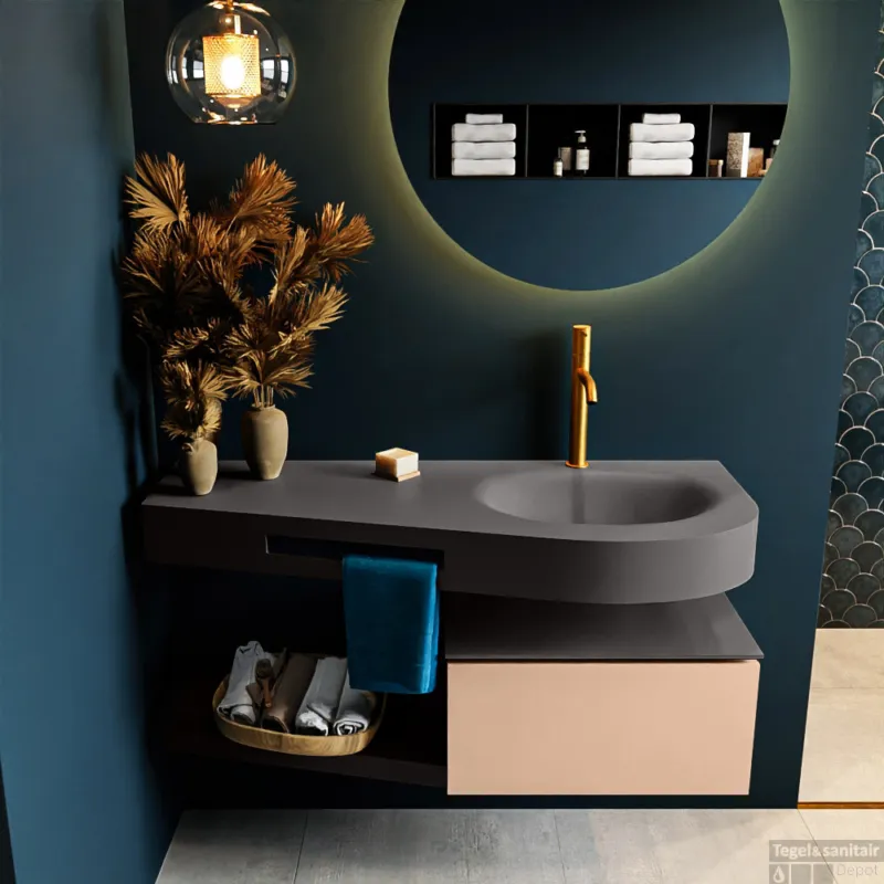 MONDIAZ RIVA 120cm badmeubel onderkast / planchet kleur Rosee met 1 lade. Wastafel DULCET rechts 1 kraangat kleur Dark_Grey. Direct Verzonden