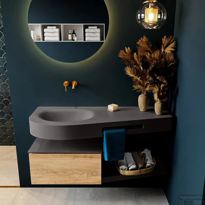 Uitverkoop MONDIAZ RIVA 120cm badmeubel onderkast / planchet kleur Washed_Oak met 1 lade. Wastafel DULCET links 0 kraangaten kleur Dark_Grey.