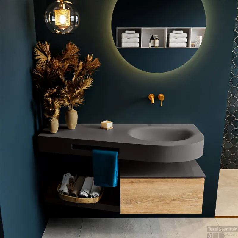 Finale Uitverkoop MONDIAZ RIVA 120cm badmeubel onderkast / planchet kleur Washed_Oak met 1 lade. Wastafel DULCET rechts 0 kraangaten kleur Dark_Grey.