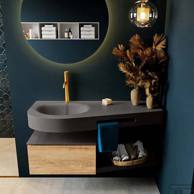 Fabrieksprijs MONDIAZ RIVA 120cm badmeubel onderkast / planchet kleur Washed_Oak met 1 lade. Wastafel DULCET links 1 kraangat kleur Dark_Grey.