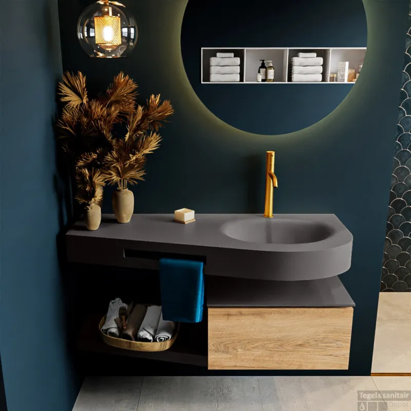 Hete Deal MONDIAZ RIVA 120cm badmeubel onderkast / planchet kleur Washed_Oak met 1 lade. Wastafel DULCET rechts 1 kraangat kleur Dark_Grey.