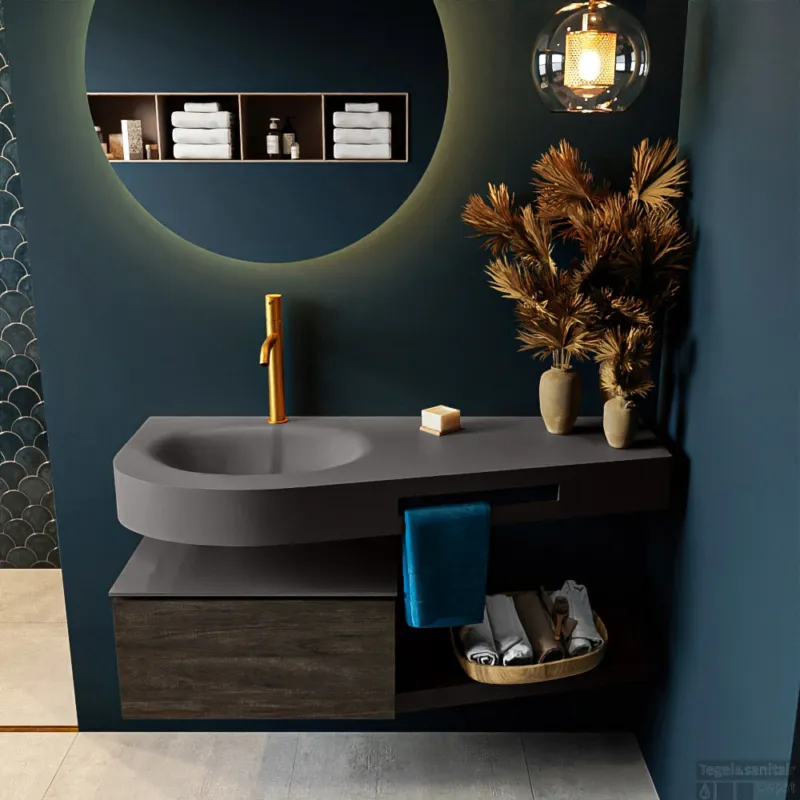 MONDIAZ RIVA 120cm badmeubel onderkast / planchet kleur Dark_Brown met 1 lade. Wastafel DULCET links 1 kraangat kleur Dark_Grey. Finale Uitverkoop
