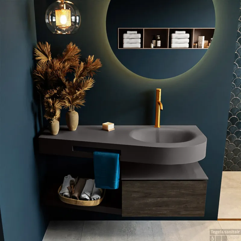 MONDIAZ RIVA 120cm badmeubel onderkast / planchet kleur Dark_Brown met 1 lade. Wastafel DULCET rechts 1 kraangat kleur Dark_Grey. Hete Deal