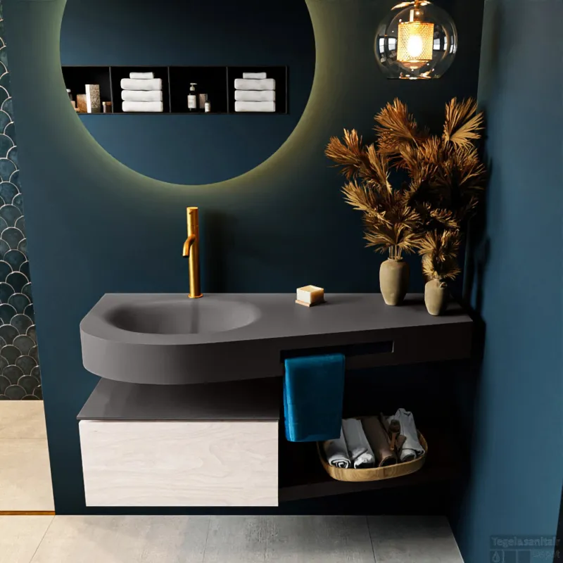 MONDIAZ RIVA 120cm badmeubel onderkast / planchet kleur Underlayment met 1 lade. Wastafel DULCET links 1 kraangat kleur Dark_Grey. Tijdelijk Beschikbaar