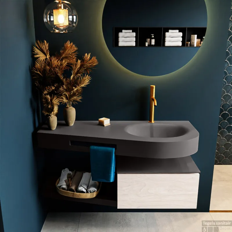 MONDIAZ RIVA 120cm badmeubel onderkast / planchet kleur Underlayment met 1 lade. Wastafel DULCET rechts 1 kraangat kleur Dark_Grey. Gereduceerde Prijs
