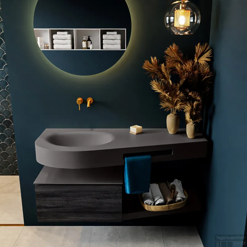 MONDIAZ RIVA 120cm badmeubel onderkast / planchet kleur Antracite met 1 lade. Wastafel DULCET links 0 kraangaten kleur Dark_Grey. Hete Deal