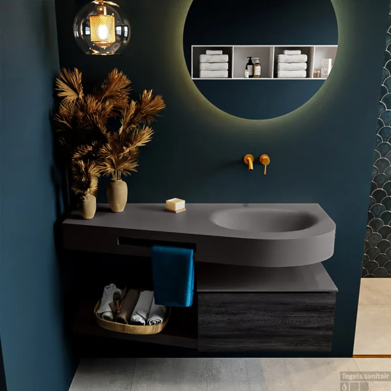 Flitsaanbieding MONDIAZ RIVA 120cm badmeubel onderkast / planchet kleur Antracite met 1 lade. Wastafel DULCET rechts 0 kraangaten kleur Dark_Grey.