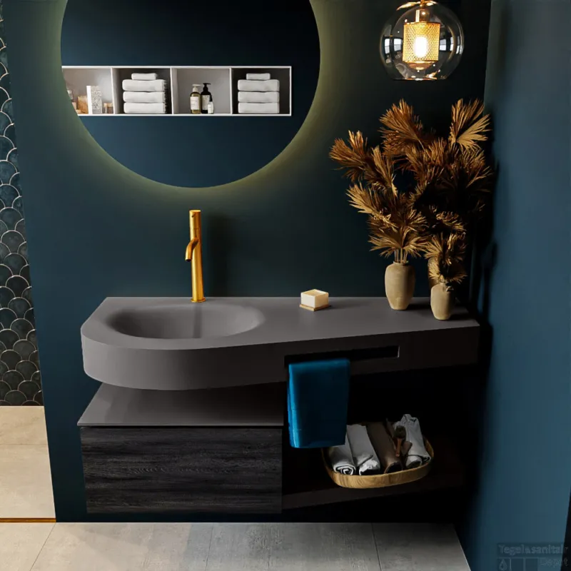 MONDIAZ RIVA 120cm badmeubel onderkast / planchet kleur Antracite met 1 lade. Wastafel DULCET links 1 kraangat kleur Dark_Grey. Superprijs