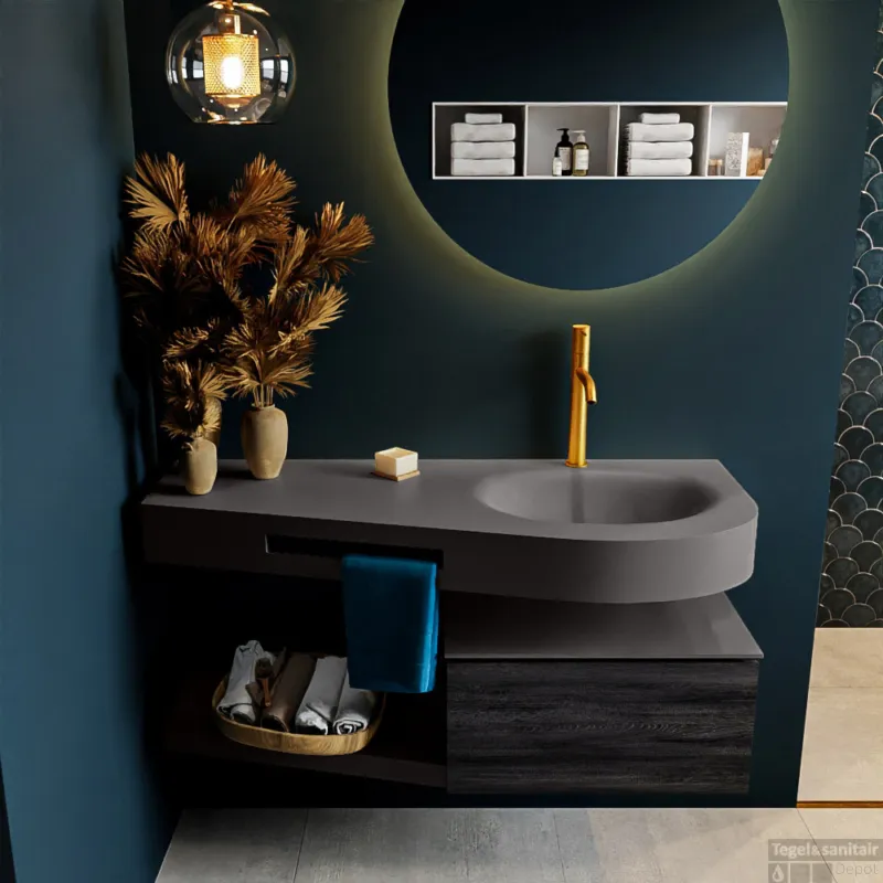 MONDIAZ RIVA 120cm badmeubel onderkast / planchet kleur Antracite met 1 lade. Wastafel DULCET rechts 1 kraangat kleur Dark_Grey. Laatste Kans