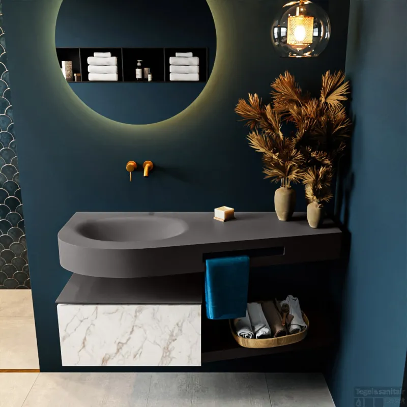 Bestel Nu MONDIAZ RIVA 120cm badmeubel onderkast / planchet kleur carrara met 1 lade. Wastafel DULCET links 0 kraangaten kleur Dark_Grey.