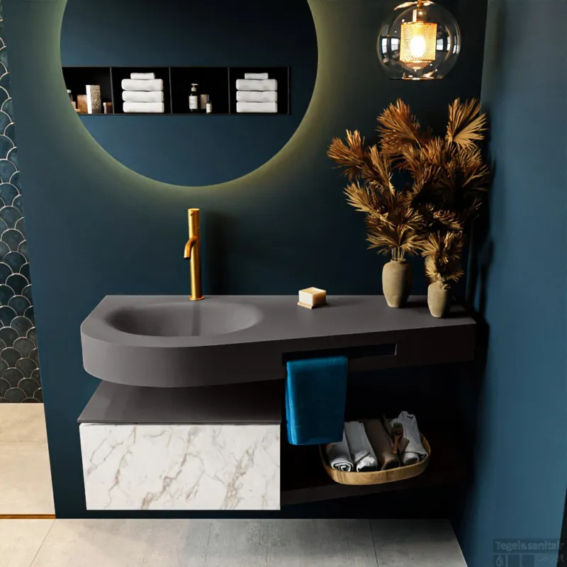 Alleen Vandaag MONDIAZ RIVA 120cm badmeubel onderkast / planchet kleur carrara met 1 lade. Wastafel DULCET links 1 kraangat kleur Dark_Grey.
