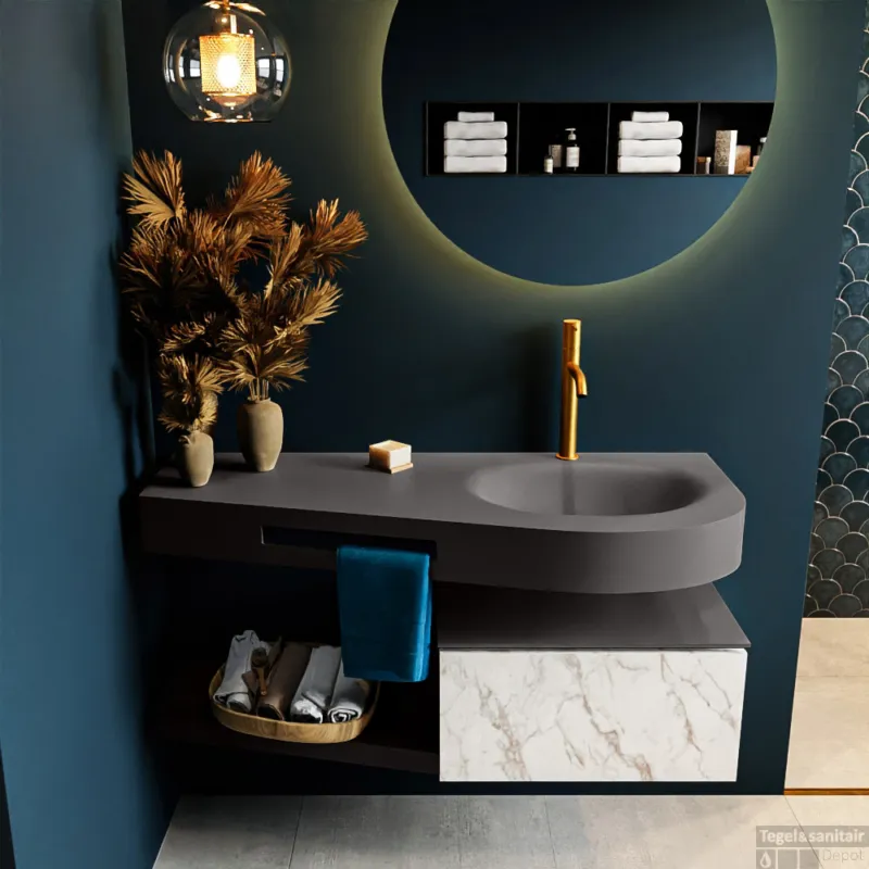 MONDIAZ RIVA 120cm badmeubel onderkast / planchet kleur carrara met 1 lade. Wastafel DULCET rechts 1 kraangat kleur Dark_Grey. Flitsaanbieding