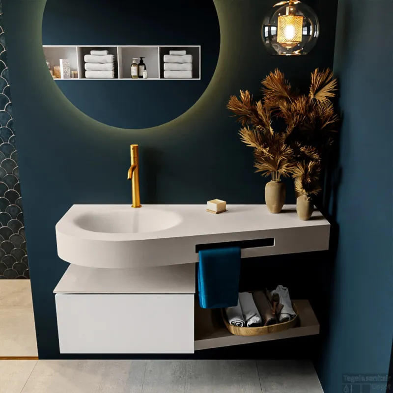 MONDIAZ RIVA 120cm badmeubel onderkast / planchet kleur Talc met 1 lade. Wastafel DULCET links 1 kraangat kleur Linen. Hete Deal
