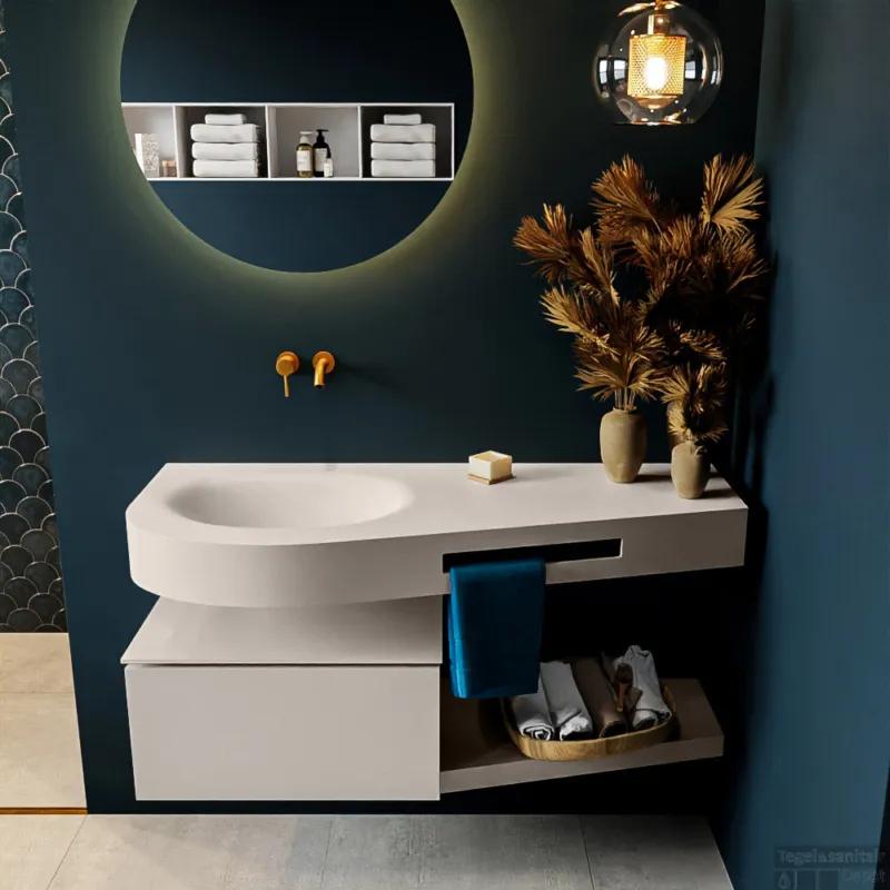 Exclusieve Aanbieding MONDIAZ RIVA 120cm badmeubel onderkast / planchet kleur Linen met 1 lade. Wastafel DULCET links 0 kraangaten kleur Linen.