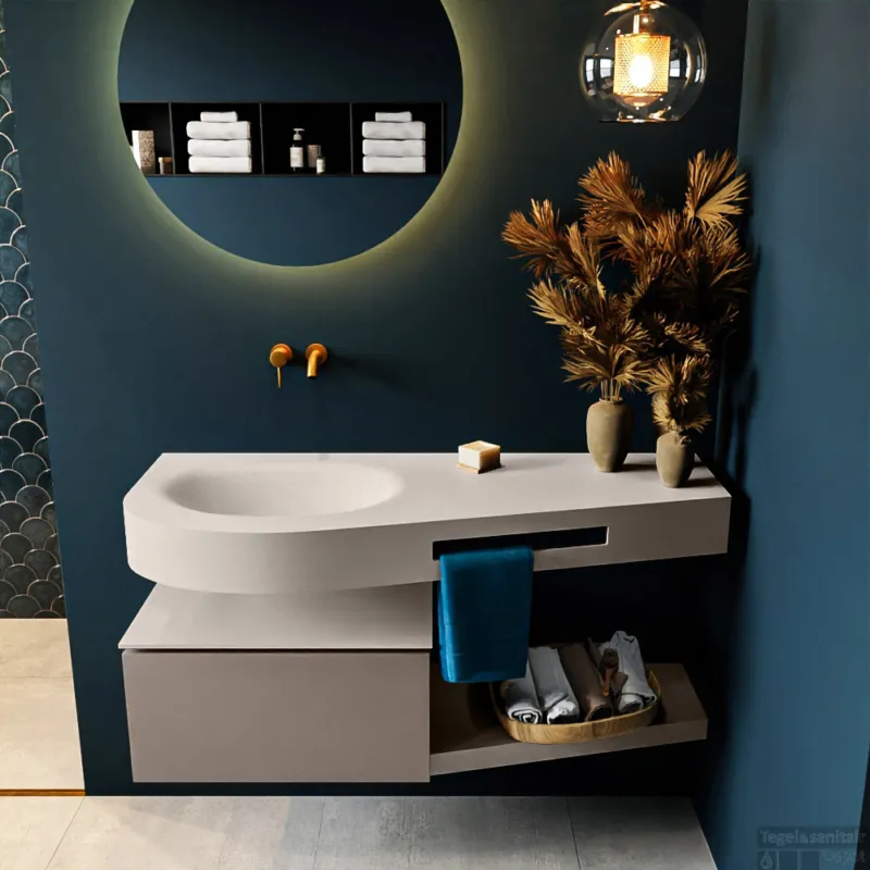 Must-Have MONDIAZ RIVA 120cm badmeubel onderkast / planchet kleur Smoke met 1 lade. Wastafel DULCET links 0 kraangaten kleur Linen.