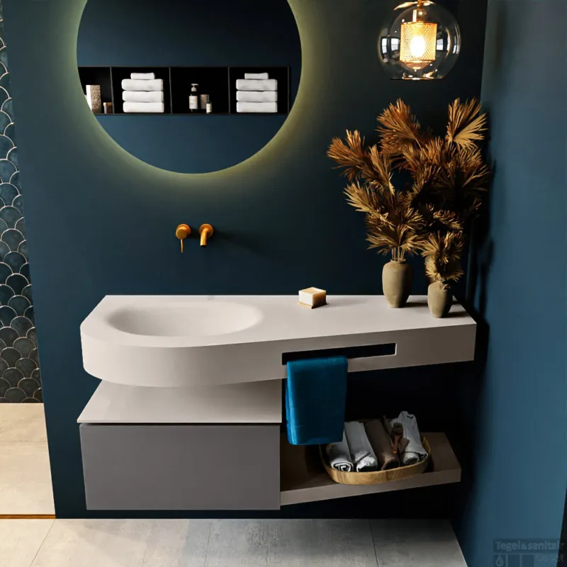 MONDIAZ RIVA 120cm badmeubel onderkast / planchet kleur Dark_Grey met 1 lade. Wastafel DULCET links 0 kraangaten kleur Linen. Gereduceerde Prijs