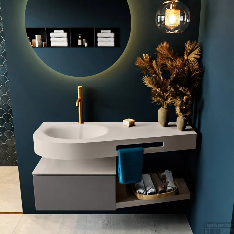 MONDIAZ RIVA 120cm badmeubel onderkast / planchet kleur Dark_Grey met 1 lade. Wastafel DULCET links 1 kraangat kleur Linen. Express Levering