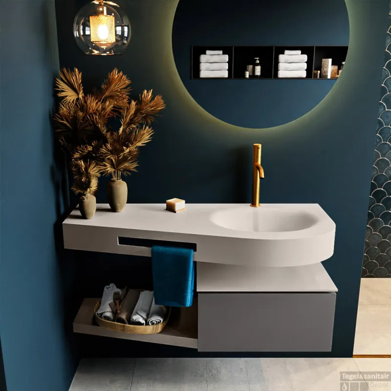 MONDIAZ RIVA 120cm badmeubel onderkast / planchet kleur Dark_Grey met 1 lade. Wastafel DULCET rechts 1 kraangat kleur Linen. Gratis Retour