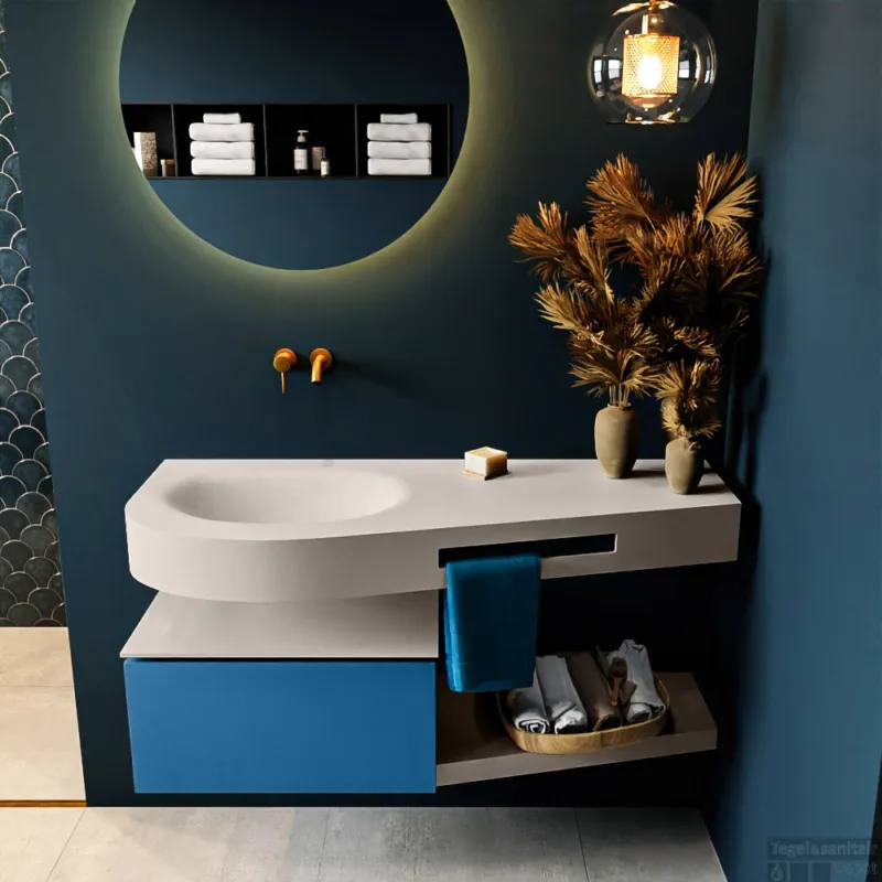 Must-Have MONDIAZ RIVA 120cm badmeubel onderkast / planchet kleur Jeans met 1 lade. Wastafel DULCET links 0 kraangaten kleur Linen.
