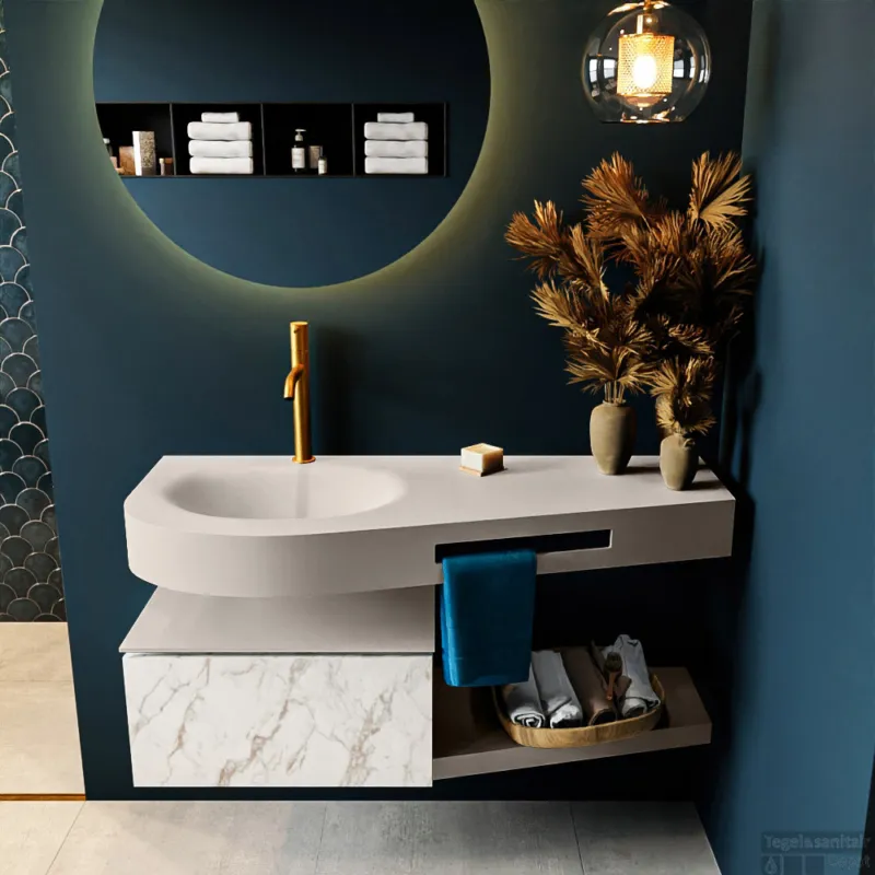 Dagaanbieding MONDIAZ RIVA 120cm badmeubel onderkast / planchet kleur carrara met 1 lade. Wastafel DULCET links 1 kraangat kleur Linen.
