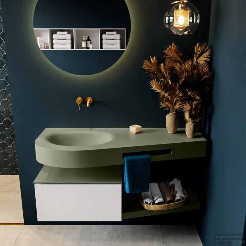 Hete Deal MONDIAZ RIVA 120cm badmeubel onderkast / planchet kleur Talc met 1 lade. Wastafel DULCET links 0 kraangaten kleur Army.