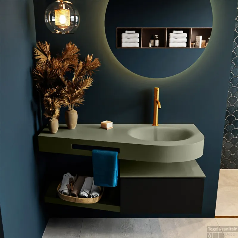 MONDIAZ RIVA 120cm badmeubel onderkast / planchet kleur Urban met 1 lade. Wastafel DULCET rechts 1 kraangat kleur Army. Merkproduct
