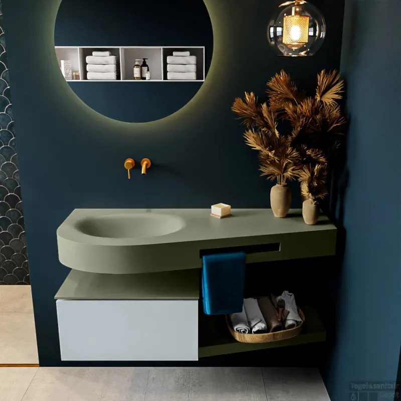 Express Levering MONDIAZ RIVA 120cm badmeubel onderkast / planchet kleur Clay met 1 lade. Wastafel DULCET links 0 kraangaten kleur Army.