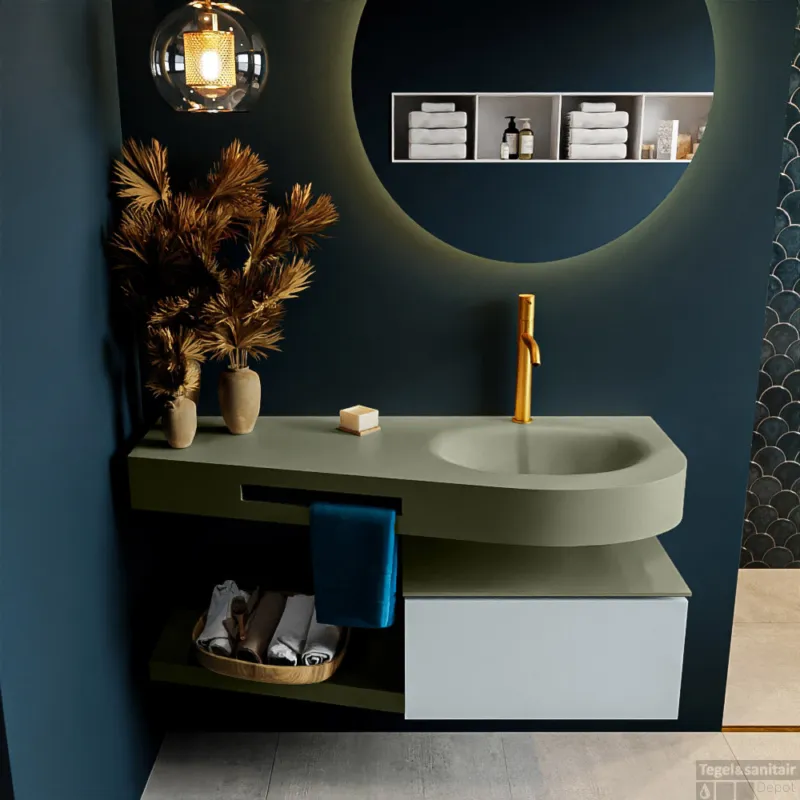 MONDIAZ RIVA 120cm badmeubel onderkast / planchet kleur Clay met 1 lade. Wastafel DULCET rechts 1 kraangat kleur Army. Shop Nu