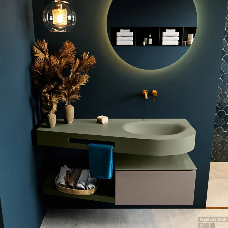 Shop Nu MONDIAZ RIVA 120cm badmeubel onderkast / planchet kleur Smoke met 1 lade. Wastafel DULCET rechts 0 kraangaten kleur Army.