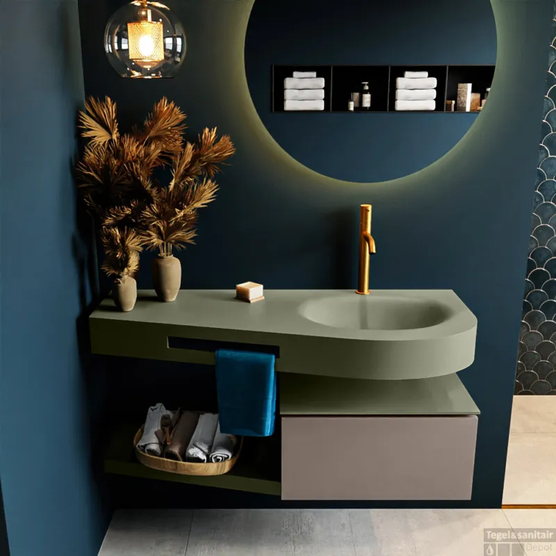 Must-Have MONDIAZ RIVA 120cm badmeubel onderkast / planchet kleur Smoke met 1 lade. Wastafel DULCET rechts 1 kraangat kleur Army.