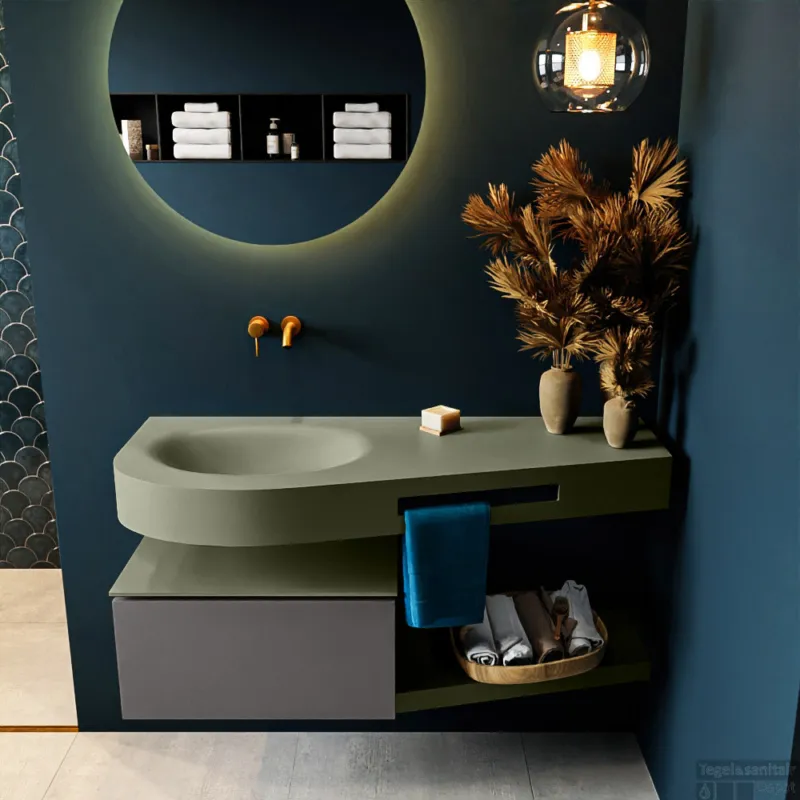 MONDIAZ RIVA 120cm badmeubel onderkast / planchet kleur Dark_Grey met 1 lade. Wastafel DULCET links 0 kraangaten kleur Army. Premium