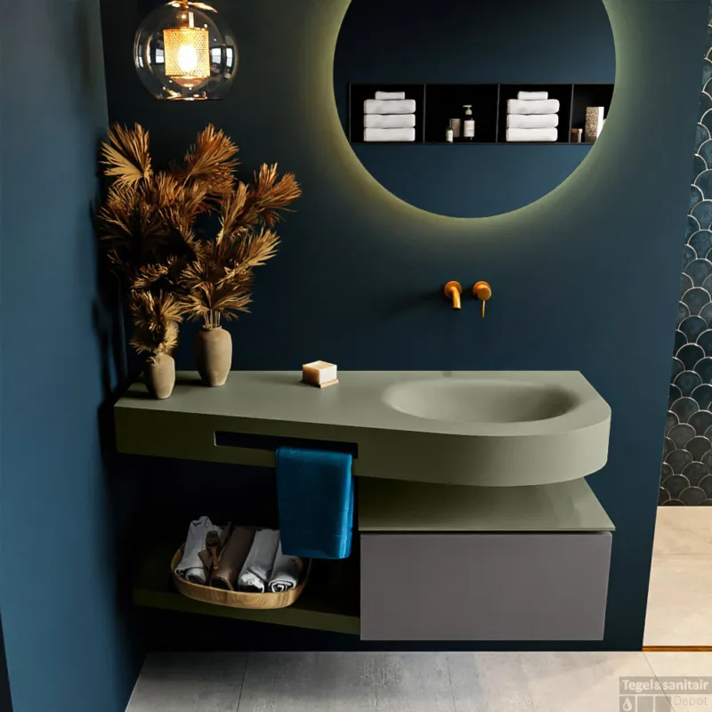Beste Prijs MONDIAZ RIVA 120cm badmeubel onderkast / planchet kleur Dark_Grey met 1 lade. Wastafel DULCET rechts 0 kraangaten kleur Army.