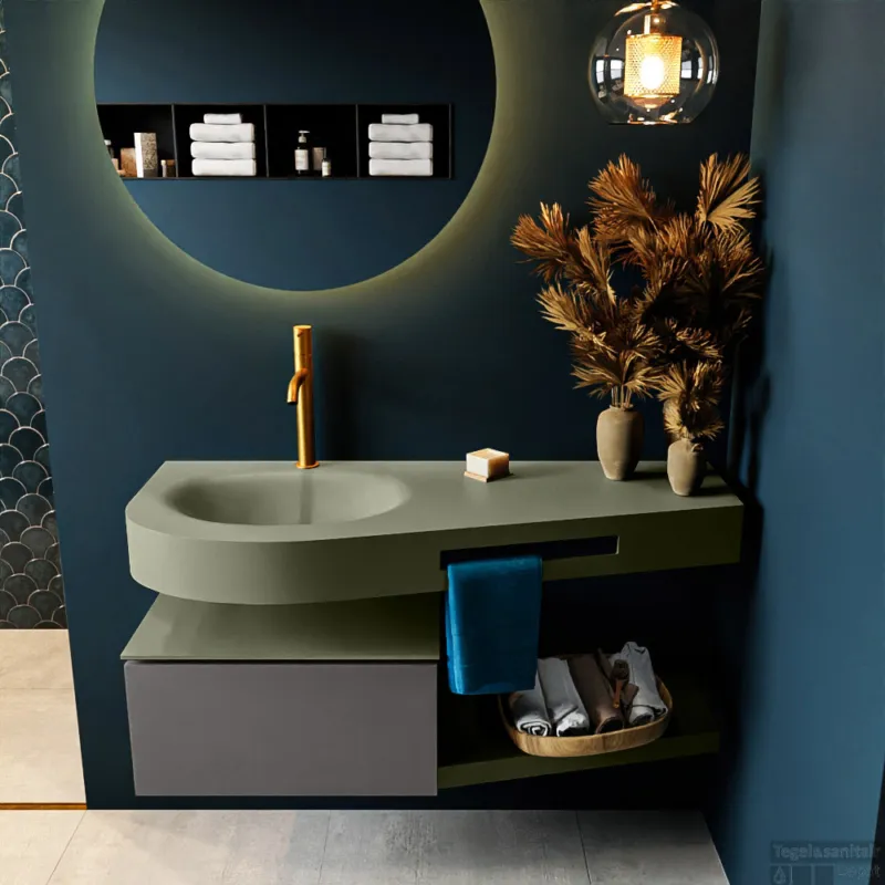 Nieuw MONDIAZ RIVA 120cm badmeubel onderkast / planchet kleur Dark_Grey met 1 lade. Wastafel DULCET links 1 kraangat kleur Army.