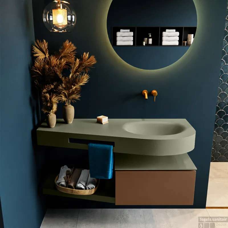 MONDIAZ RIVA 120cm badmeubel onderkast / planchet kleur Rust met 1 lade. Wastafel DULCET rechts 0 kraangaten kleur Army. Speciale Aanbieding