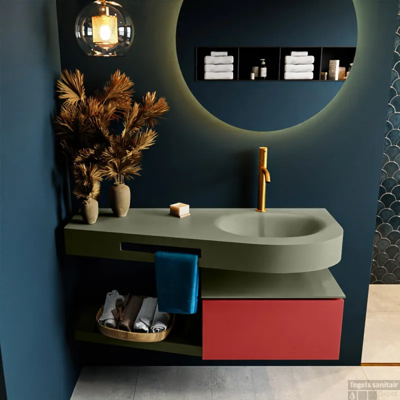 MONDIAZ RIVA 120cm badmeubel onderkast / planchet kleur Fire met 1 lade. Wastafel DULCET rechts 1 kraangat kleur Army. Op = Op