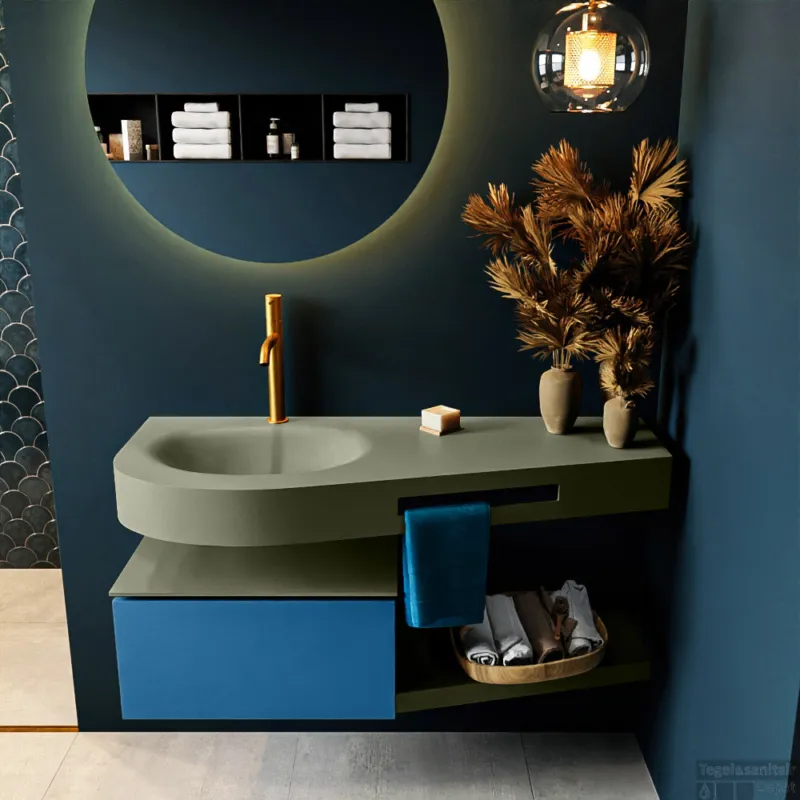 MONDIAZ RIVA 120cm badmeubel onderkast / planchet kleur Jeans met 1 lade. Wastafel DULCET links 1 kraangat kleur Army. Must-Have